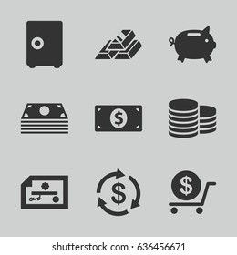 Set of 9 wealth filled icons such as coin, money, dollar, money dollar, gold bar, safe