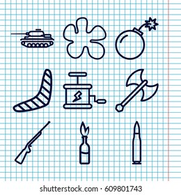 Set of 9 weapon outline icons such as boomerang, bomb, dynamite, axe weapon, bullet, tank, hundting gun