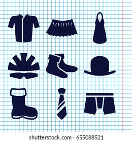 Set of 9 wear filled icons such as boot, hat, socks, man underwear, dress, jacket, skirt, tie