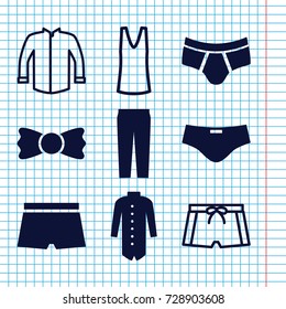 Set of 9 wear filled and outline icons such as man underwear, pants, jacket, bow tie, man swim wear