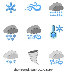 Set of 9 Weather Icon . Weather label for Web on white background. Cartoon Vector Illustration.