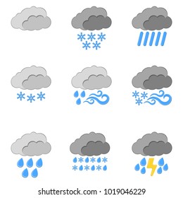 Set of 9 Weather Icon . Weather label for Web on white background. Cartoon Vector Illustration.
