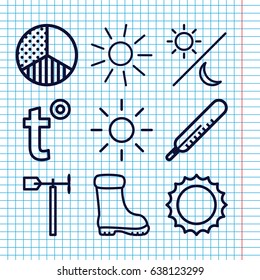 Set of 9 weather outline icons such as thermometer, sun, boot, weather vane, brightness, temperature