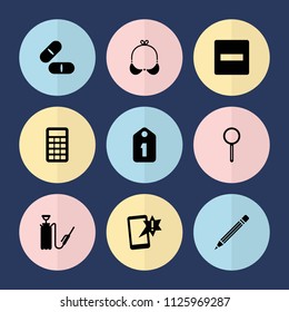 Set of 9 web filled icons such as minus, garden hose, pill, magnifier, important message, bra, tag, calculator