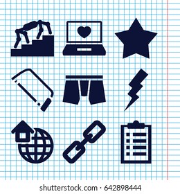 Set of 9 web filled icons such as man underwear, flash, hacksaw, laptop with heart, global home, stairs, chain, star