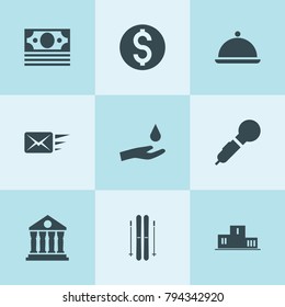Set of 9 web filled icons such as drop in hand, microphone, dollar, mail, money, ranking, government, ski