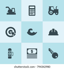 Set of 9 web filled icons such as harvester, tractor, safety helmet, key, money, button clicking, calculator, wave