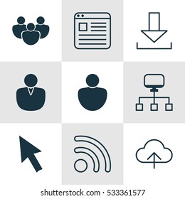 Set Of 9 Web Icons. Can Be Used For Web, Mobile, UI And Infographic Design. Includes Elements Such As Data Synchronize, Local Connection, Website Page And More.
