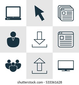 Set Of 9 Web Icons. Can Be Used For Web, Mobile, UI And Infographic Design. Includes Elements Such As Team, PC, Send Data And More.