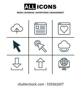 Set Of 9 Web Icons. Can Be Used For Web, Mobile, UI And Infographic Design. Includes Elements Such As Send Data, Login, Mouse And More.