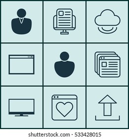 Set Of 9 Web Icons. Can Be Used For Web, Mobile, UI And Infographic Design. Includes Elements Such As Information Site, Display, Virtual Storage And More.