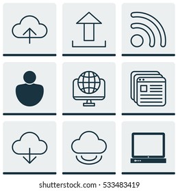 Set Of 9 Web Icons. Can Be Used For Web, Mobile, UI And Infographic Design. Includes Elements Such As Computer Network, Account, Virtual Save And More.