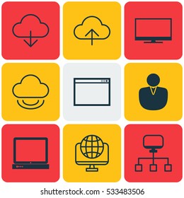 Set Of 9 Web Icons. Can Be Used For Web, Mobile, UI And Infographic Design. Includes Elements Such As Account, Data Synchronize, Virtual Save And More.