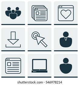 Set Of 9 Web Icons. Includes PC, Login, Cursor Tap And Other Symbols. Beautiful Design Elements.