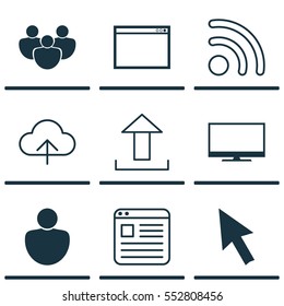 Set Of 9 Web Icons. Includes Team, Program, Wifi And Other Symbols. Beautiful Design Elements.