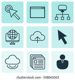Set Of 9 Web Icons. Includes Website Bookmarks, Local Connection, Cursor Tap And Other Symbols. Beautiful Design Elements.
