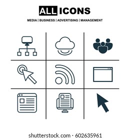 Set Of 9 Web Icons. Includes Local Connection, Team, Blog Page And Other Symbols. Beautiful Design Elements.