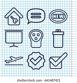Set of 9 web outline icons such as plane taking off, trash bin, electric razor, board, tick, chat, home key