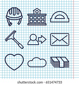 Set of 9 web outline icons such as helmet, window squeegee, heart, cloud, building, user, protractor, money