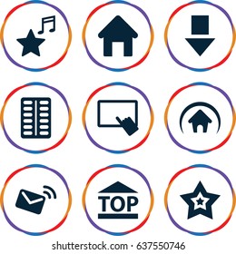 set of 9 website filled icons such as house building, finger on tablet, pill, top of cargo box, favorite music, star, home, mail