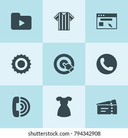 Set of 9 website filled icons such as sun, call, media folder, browser, button clicking, dress, t shirt