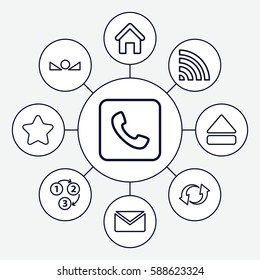 Set of 9 website outline icons such as house building, star, wi-fi, update, eject button, call, arrow up, 1 2 3