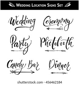 Set of 9 Wedding, Birthday, Baby Shower Party Hand-drawn and Hand-lettering Location Signs. Directions with arrows: Photo booth, Candy Bar, Dinner, Ceremony. Hand lettering Brush Modern Calligraphy. 