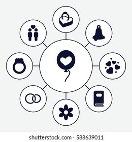 Set of 9 wedding filled icons such as flower, gay couple, heart, heart baloons, rings, ring in box, photo album, ring