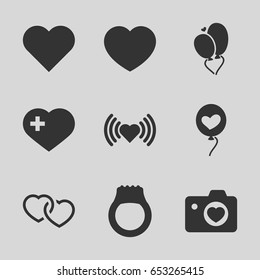 Set of 9 wedding filled icons such as heart, heart with cross