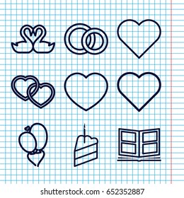 Set of 9 wedding outline icons such as swan heart, heart baloons, heart, piece of cake, engagement rings