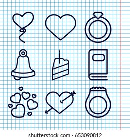 Set of 9 wedding outline icons such as heart, heart baloons, piece of cake, photo album, heart with arrow, bell