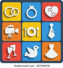 Set of 9 wedding vector web and mobile icons in flat design. Rings, groom, bribe, camera, marriage, dove, bird
