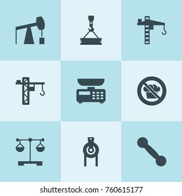 Set of 9 weight filled icons such as construction crane, scales, tower crane, kitchen scale, diet