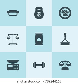 Set of 9 weight filled icons such as scales, cement bag, crane, kitchen scale, hot dog, diet, barbell
