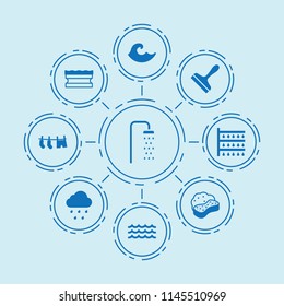 Set of 9 wet filled icons such as shower, sponge, scraper, drying clothes, wave
