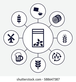 Set of 9 wheat filled icons such as wheat, harvest, hay, mill, seed bag, cereal