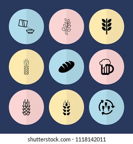 Set of 9 wheat filled and outline icons such as wheat, harvest, bread, beer mug