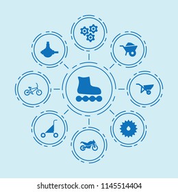 Set of 9 wheel filled icons such as wheelbarrow, chain gear, spherical bearing, gear, whellbarrow, baby buggy, bicycle, motorcycle
