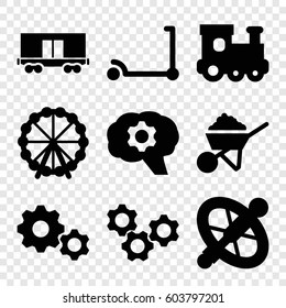Set of 9 wheel filled icons such as Ferris wheel, kick scooter, train toy, construction, cargo wagon, gear