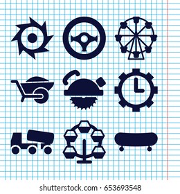 Set of 9 wheel filled icons such as saw blade, concrete mixer, wheelbarrow, clock in gear, steering wheel, saw, skate, carousel