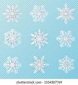 Set of 9 white Christmas snowflakes paper art on transparent background for winter holiday design element,vector illustration