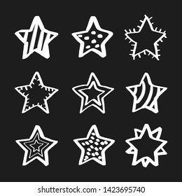 Set of 9 white hand drawn doodle stars.