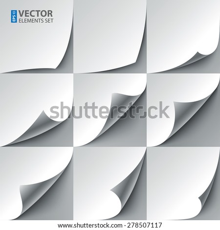 Set of 9 white paper curled corners with realistic shadows. RGB EPS 10 vector illustration