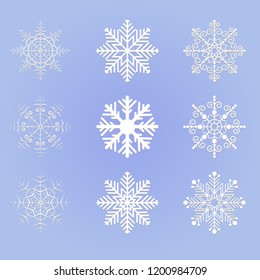 Set of 9 white snowflakes. Blue background. Vector