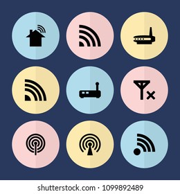 Set of 9 wifi filled icons such as signal, router, no signal, home connection