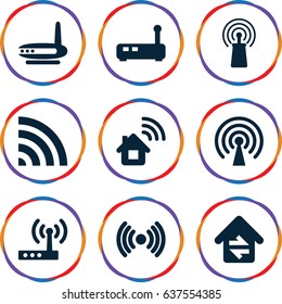 set of 9 wifi filled icons such as signal, wi-fi, home connection