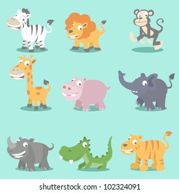 Set of 9 wild jungle animals, zebra, lion, monkey, girrafe, hippo, elephant, rhino, crocodile and tiger