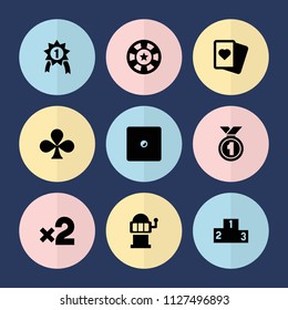 Set of 9 win filled icons such as spades, slot machine, ranking, number 1 medal, clubs, dice, casino bet, medal