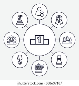 Set of 9 win outline icons such as Slot machine, ranking, chess pawn, man with medal, man at the top of the mountain with flag, number 1 medal