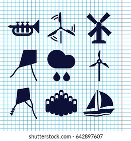 Set of 9 wind filled icons such as mill, harmonica, trumpet, rain, sailboat, kite